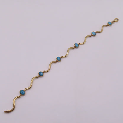 14K Yellow Gold Larimar Cabochon Wave Station Bar Link Bracelet 7" 5.3g