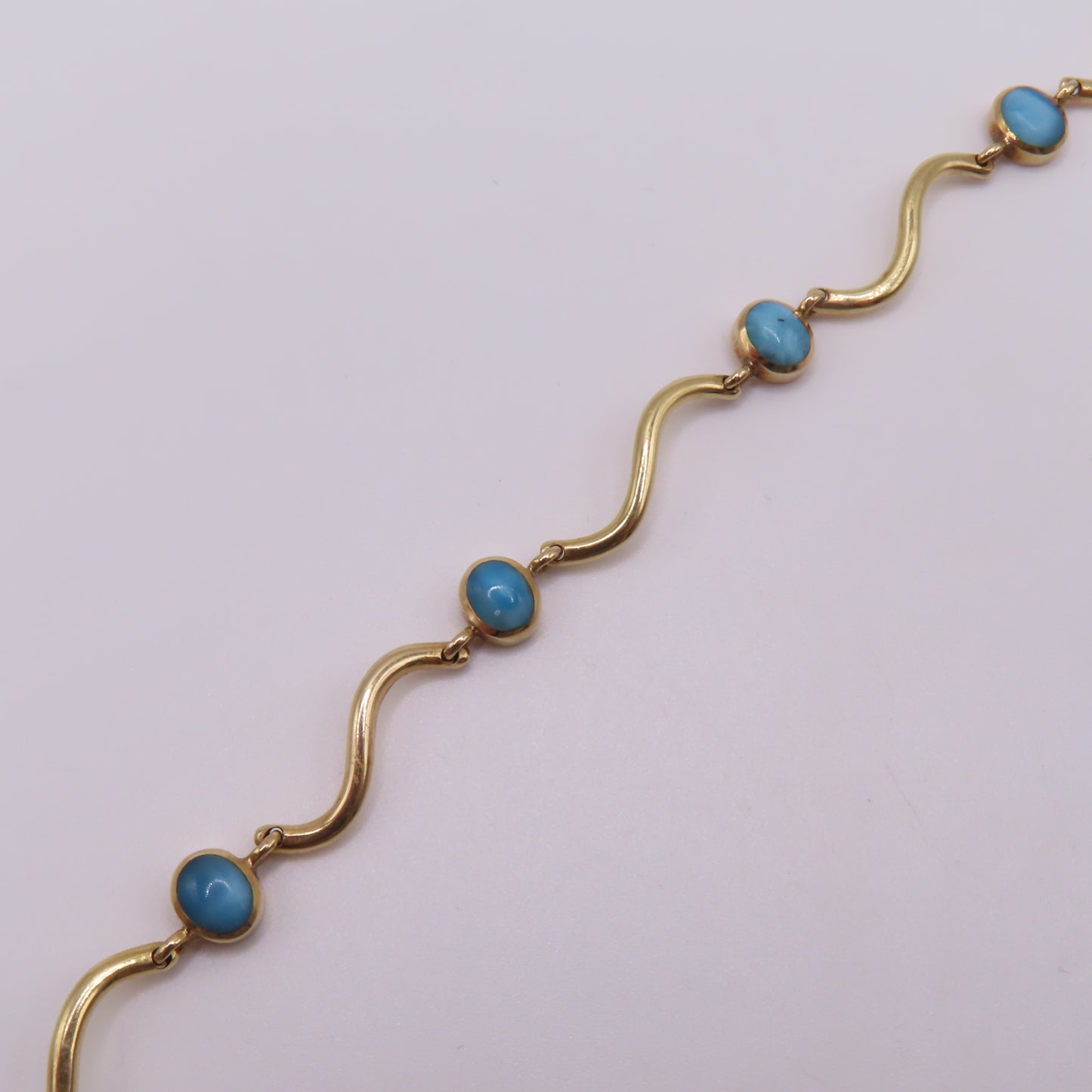 14K Yellow Gold Larimar Cabochon Wave Station Bar Link Bracelet 7" 5.3g