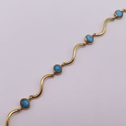 14K Yellow Gold Larimar Cabochon Wave Station Bar Link Bracelet 7" 5.3g