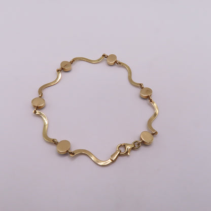 14K Yellow Gold Larimar Cabochon Wave Station Bar Link Bracelet 7" 5.3g