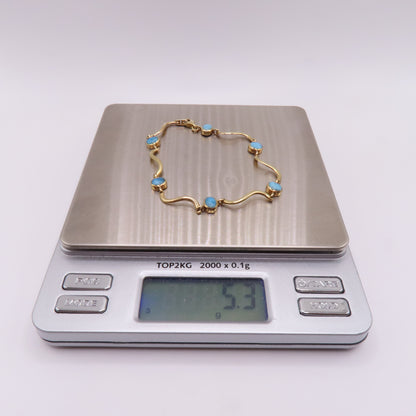 14K Yellow Gold Larimar Cabochon Wave Station Bar Link Bracelet 7" 5.3g