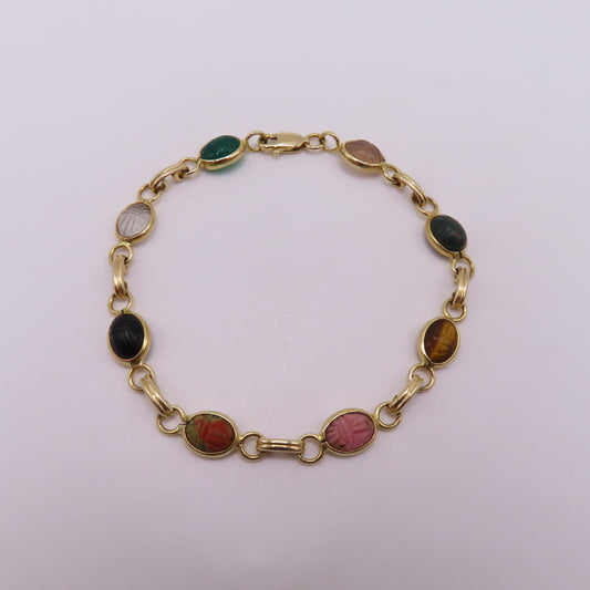 14K Yellow Gold Multi-Color Carved Scarab Beetle Gemstone Bracelet 7.5" 7.5g