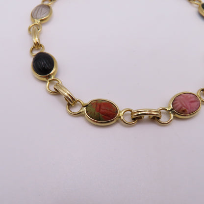 14K Yellow Gold Multi-Color Carved Scarab Beetle Gemstone Bracelet 7.5" 7.5g