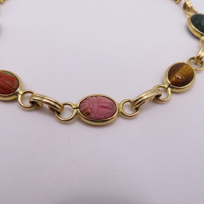 14K Yellow Gold Multi-Color Carved Scarab Beetle Gemstone Bracelet 7.5" 7.5g