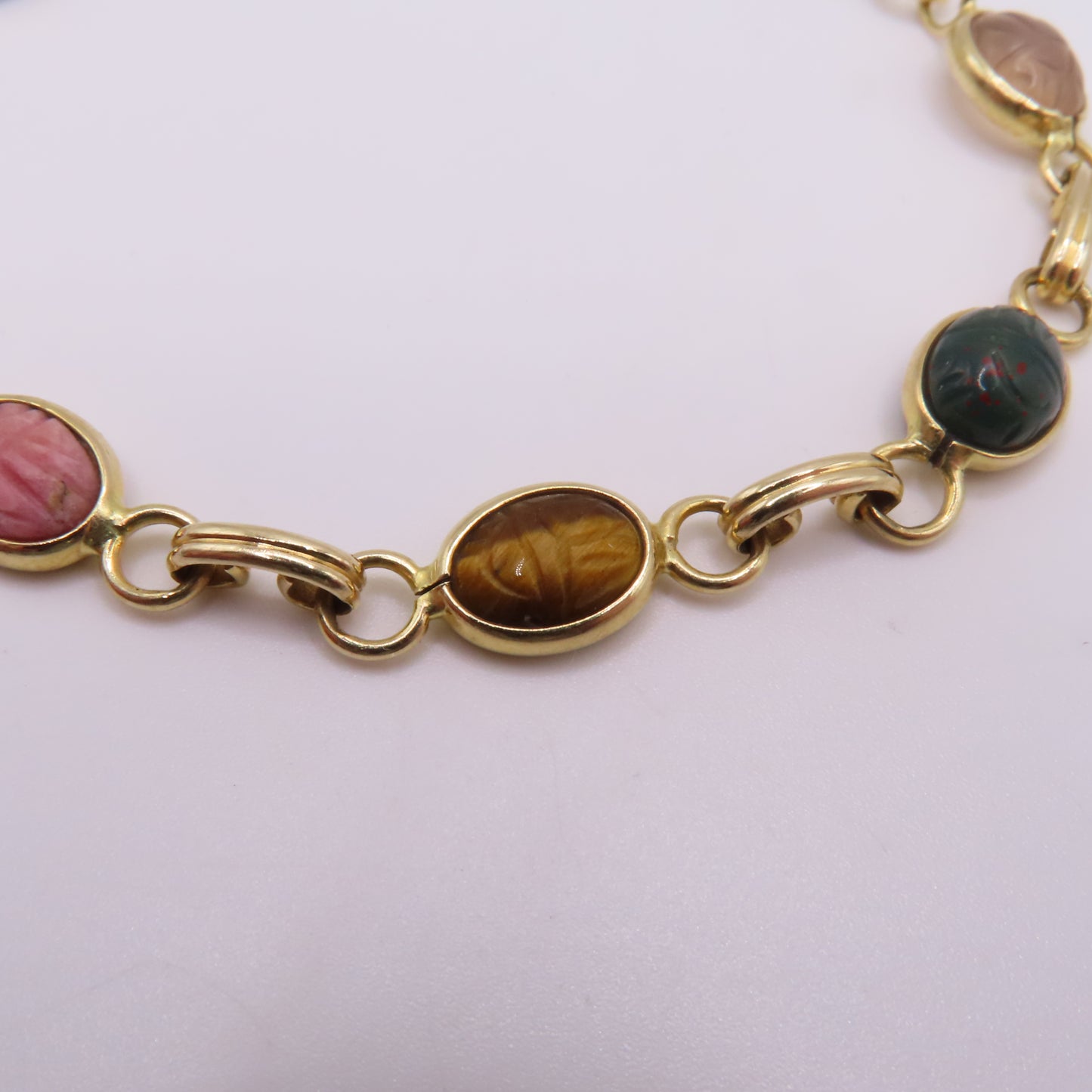 14K Yellow Gold Multi-Color Carved Scarab Beetle Gemstone Bracelet 7.5" 7.5g