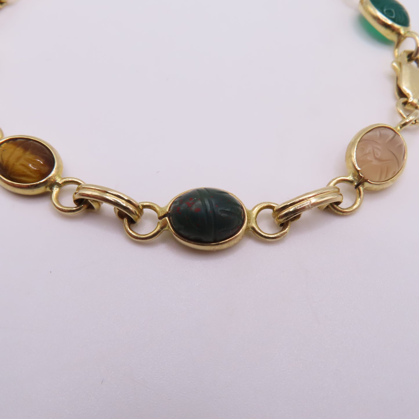 14K Yellow Gold Multi-Color Carved Scarab Beetle Gemstone Bracelet 7.5" 7.5g