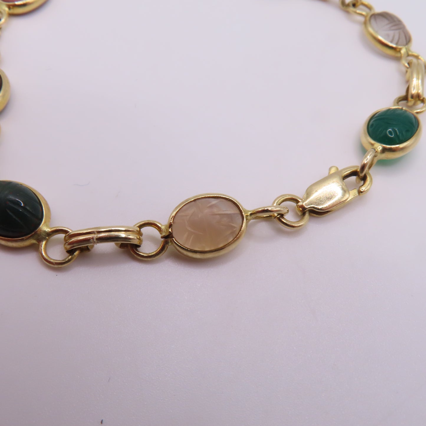 14K Yellow Gold Multi-Color Carved Scarab Beetle Gemstone Bracelet 7.5" 7.5g