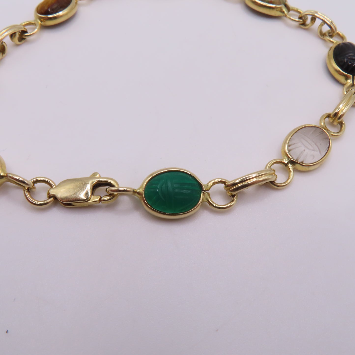 14K Yellow Gold Multi-Color Carved Scarab Beetle Gemstone Bracelet 7.5" 7.5g