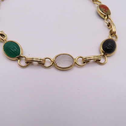14K Yellow Gold Multi-Color Carved Scarab Beetle Gemstone Bracelet 7.5" 7.5g