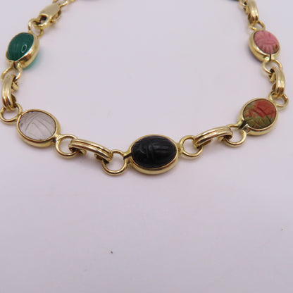 14K Yellow Gold Multi-Color Carved Scarab Beetle Gemstone Bracelet 7.5" 7.5g