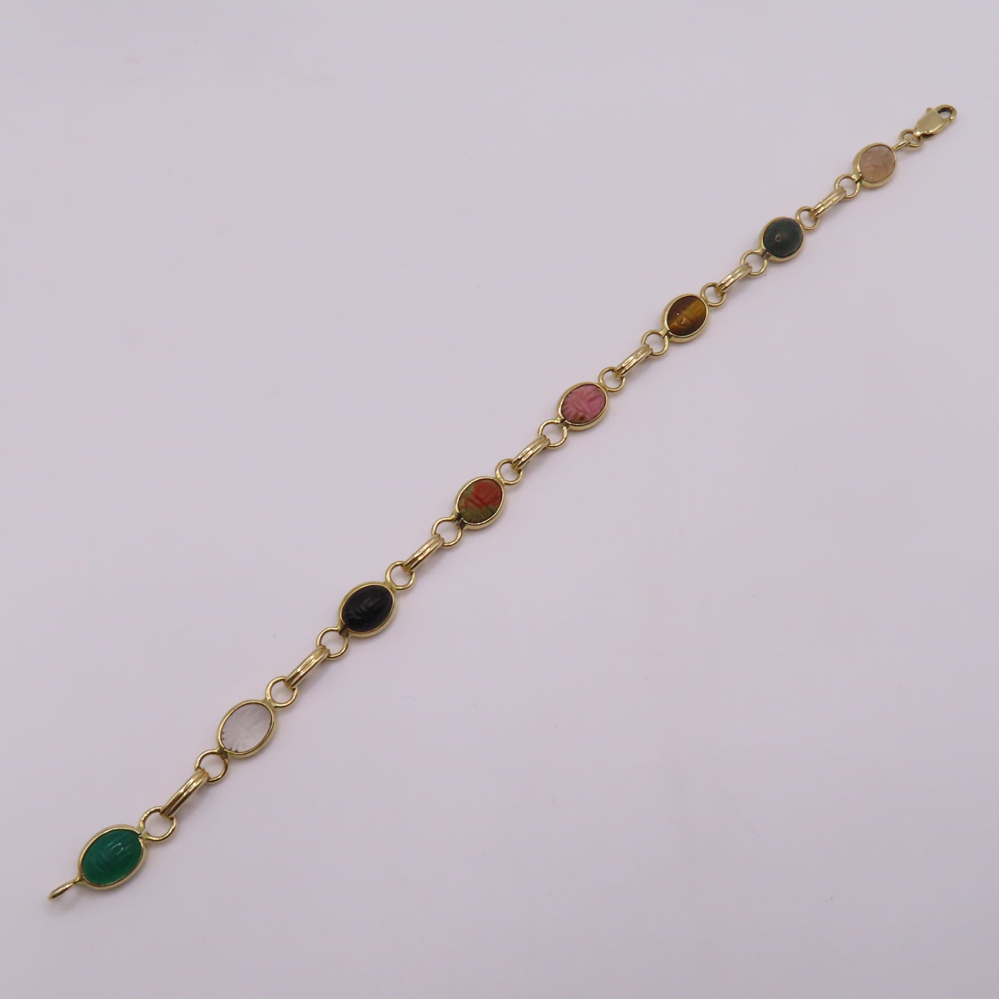 14K Yellow Gold Multi-Color Carved Scarab Beetle Gemstone Bracelet 7.5" 7.5g