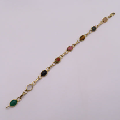 14K Yellow Gold Multi-Color Carved Scarab Beetle Gemstone Bracelet 7.5" 7.5g