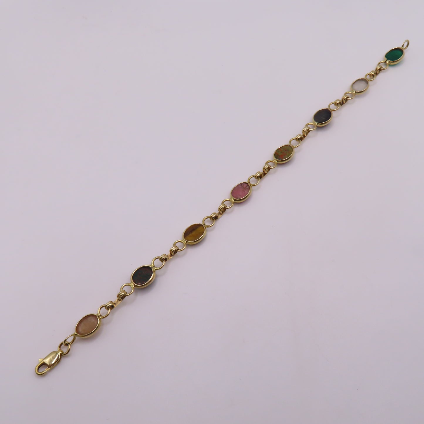 14K Yellow Gold Multi-Color Carved Scarab Beetle Gemstone Bracelet 7.5" 7.5g
