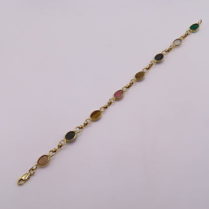 14K Yellow Gold Multi-Color Carved Scarab Beetle Gemstone Bracelet 7.5" 7.5g
