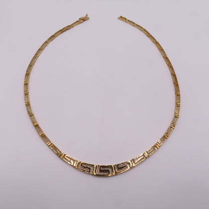 14K Yellow Gold Graduated Greek Key Link Panel Necklace Geometric 16" 13.3g
