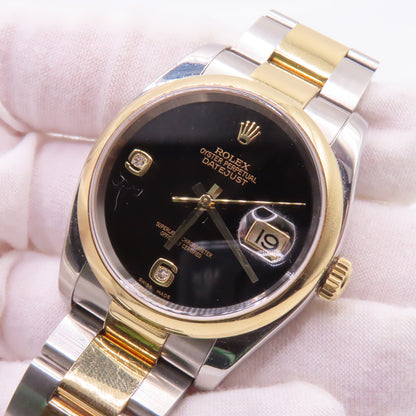 Rolex Datejust 116203 Black Onyx Diamond Dial 36mm 18K Two Tone Automatic Watch