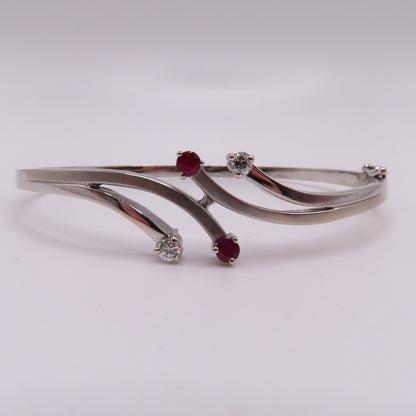 18K White Gold Ruby & Diamond Hinged Bangle Bracelet 6-3/4" 15.3g