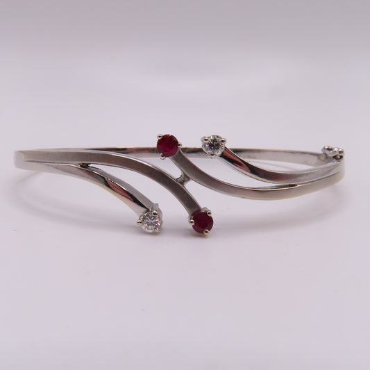 18K White Gold Ruby & Diamond Hinged Bangle Bracelet 6-3/4" 15.3g