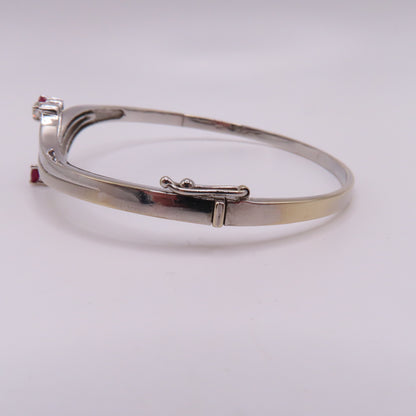 18K White Gold Ruby & Diamond Hinged Bangle Bracelet 6-3/4" 15.3g