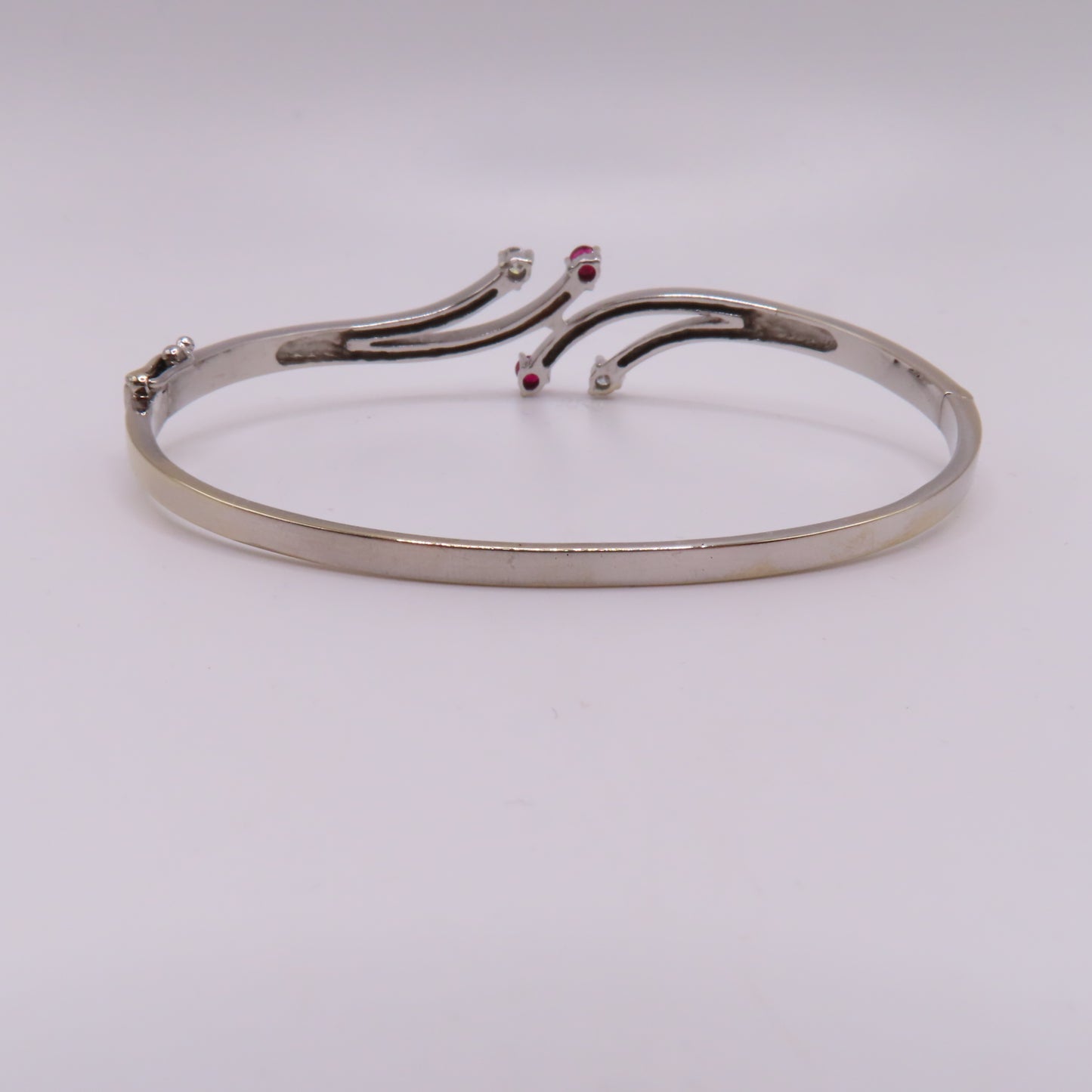 18K White Gold Ruby & Diamond Hinged Bangle Bracelet 6-3/4" 15.3g
