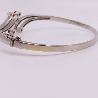 18K White Gold Ruby & Diamond Hinged Bangle Bracelet 6-3/4" 15.3g