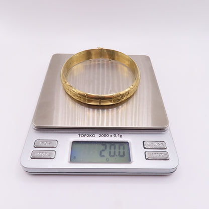 18K Yellow Gold Hinged Bangle Engraved Floral Leaf Design Bracelet 7-3/4" 20g