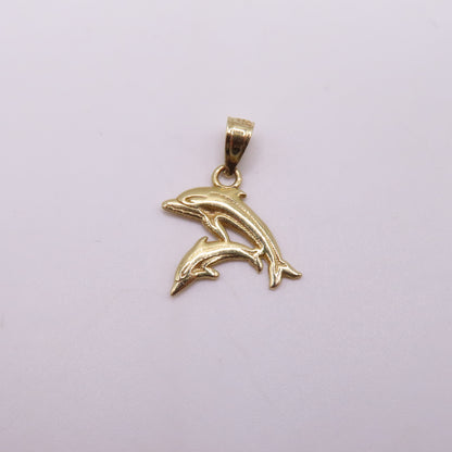 14K Yellow Gold Double Dolphin Charm Pendant 3/4" Nautical Ocean Sea Life 0.5g