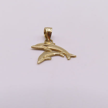 14K Yellow Gold Double Dolphin Charm Pendant 3/4" Nautical Ocean Sea Life 0.5g