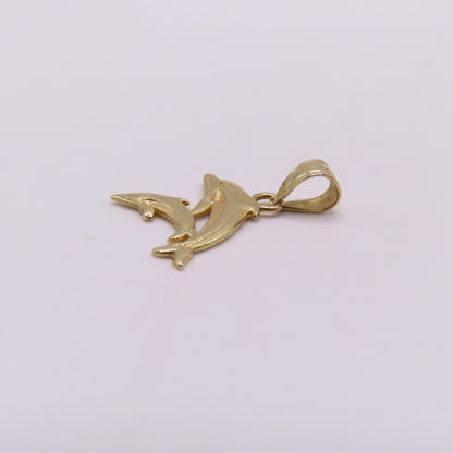 14K Yellow Gold Double Dolphin Charm Pendant 3/4" Nautical Ocean Sea Life 0.5g