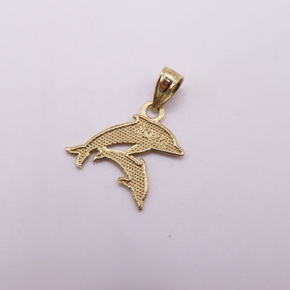 14K Yellow Gold Double Dolphin Charm Pendant 3/4" Nautical Ocean Sea Life 0.5g