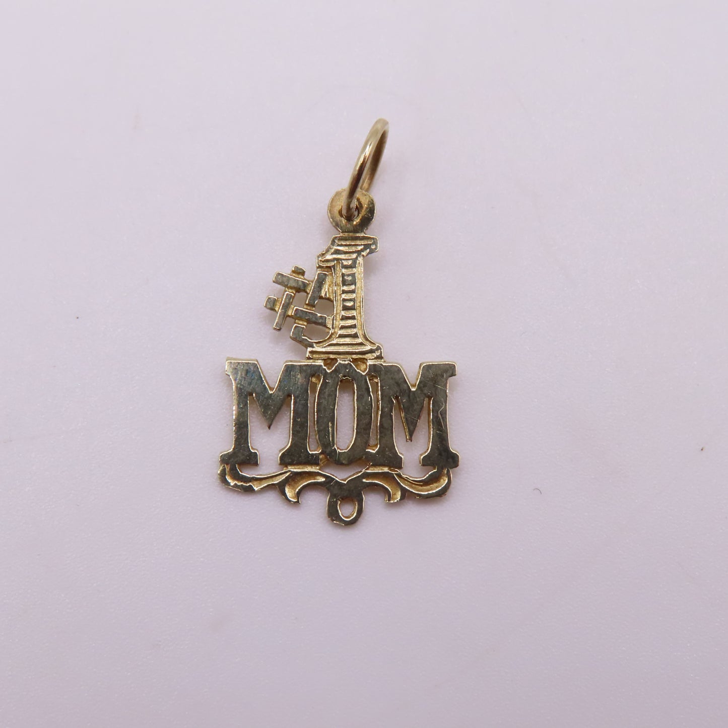 14K Yellow Gold #1 MOM Pendant Openwork Charm 1" .5g Mother Gift