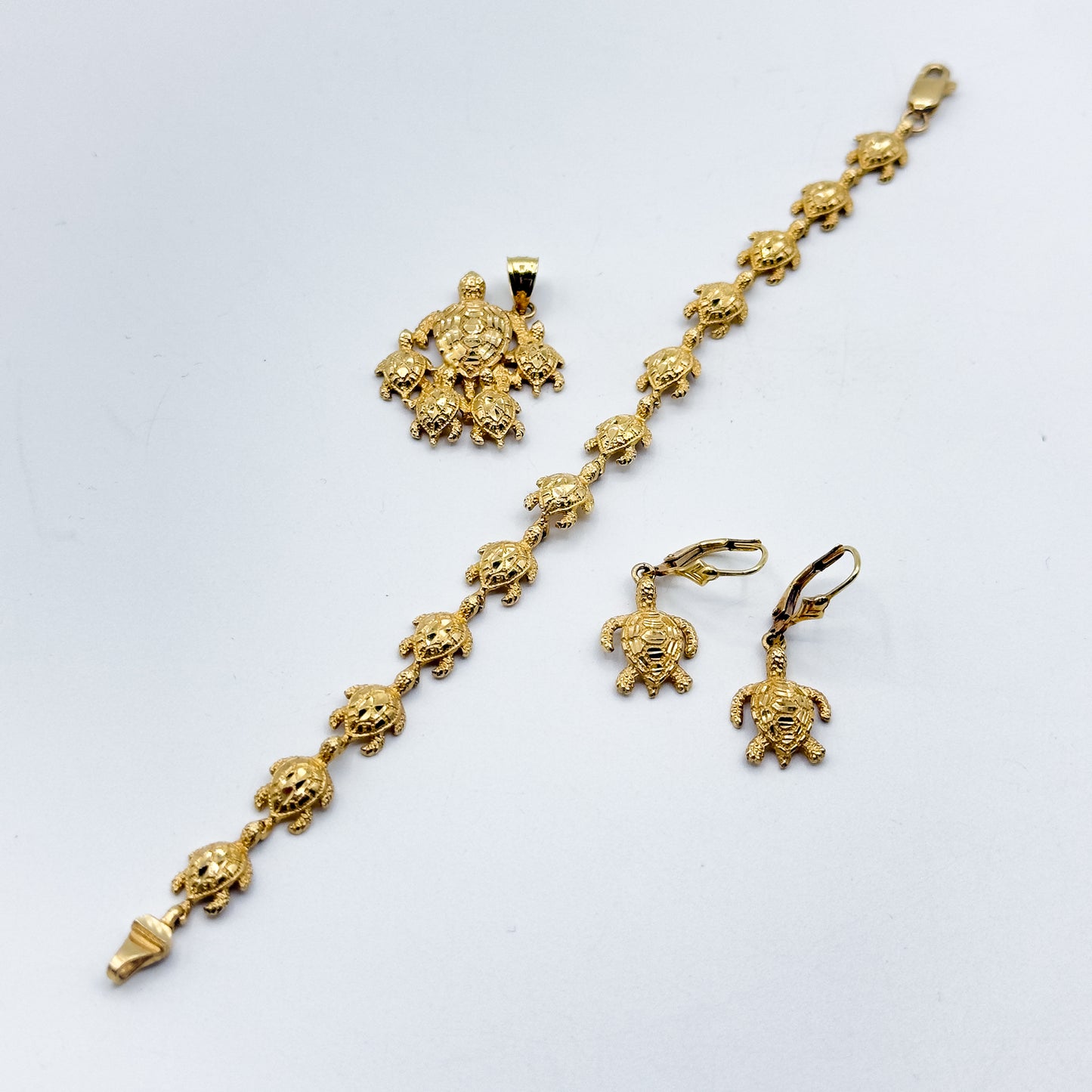 14K Gold Turtle Bracelet Pendant Dangle Earrings Set 6–6.5" Wrist 14.9g