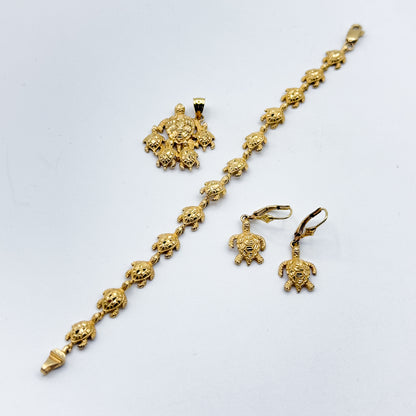 14K Gold Turtle Bracelet Pendant Dangle Earrings Set 6–6.5" Wrist 14.9g