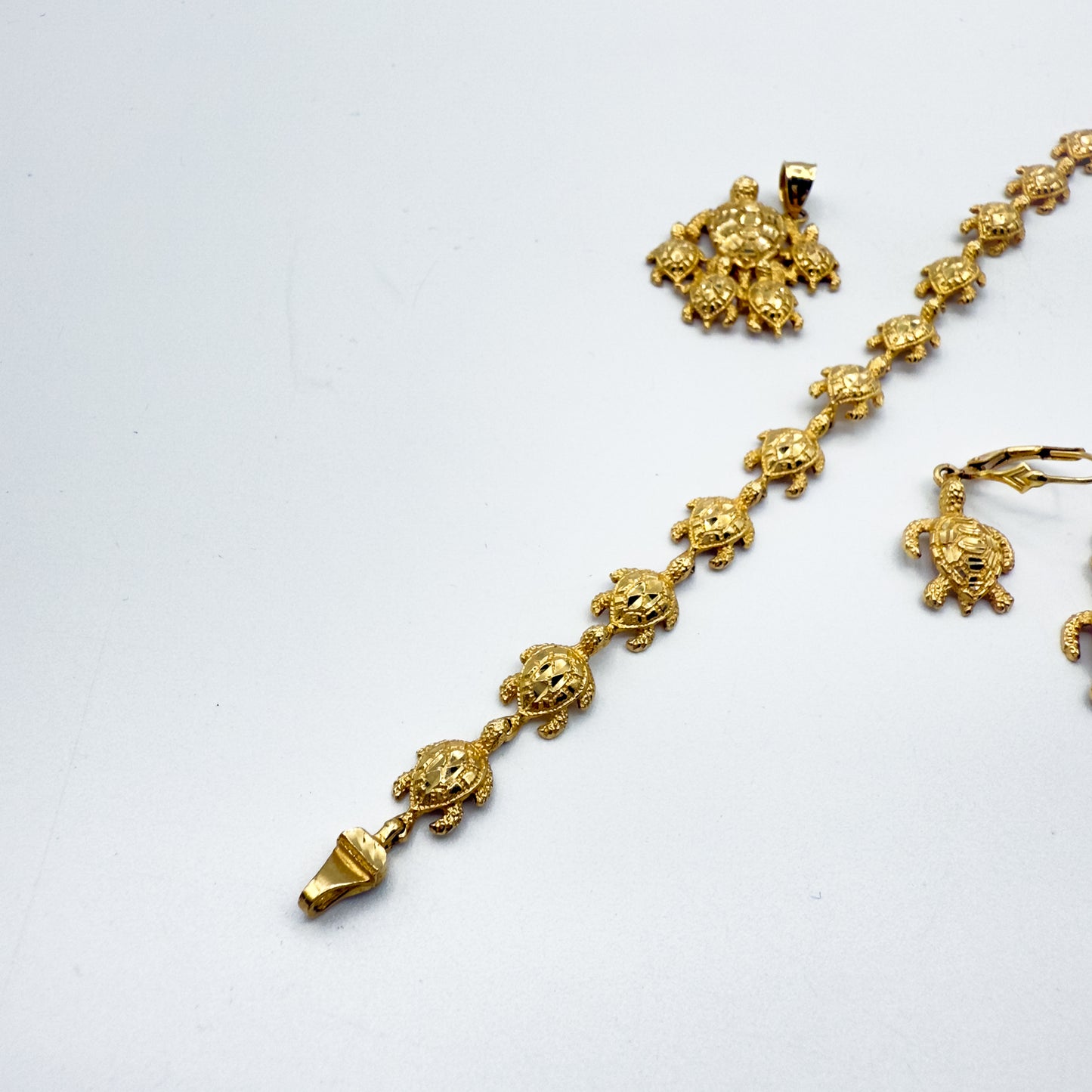 14K Gold Turtle Bracelet Pendant Dangle Earrings Set 6–6.5" Wrist 14.9g