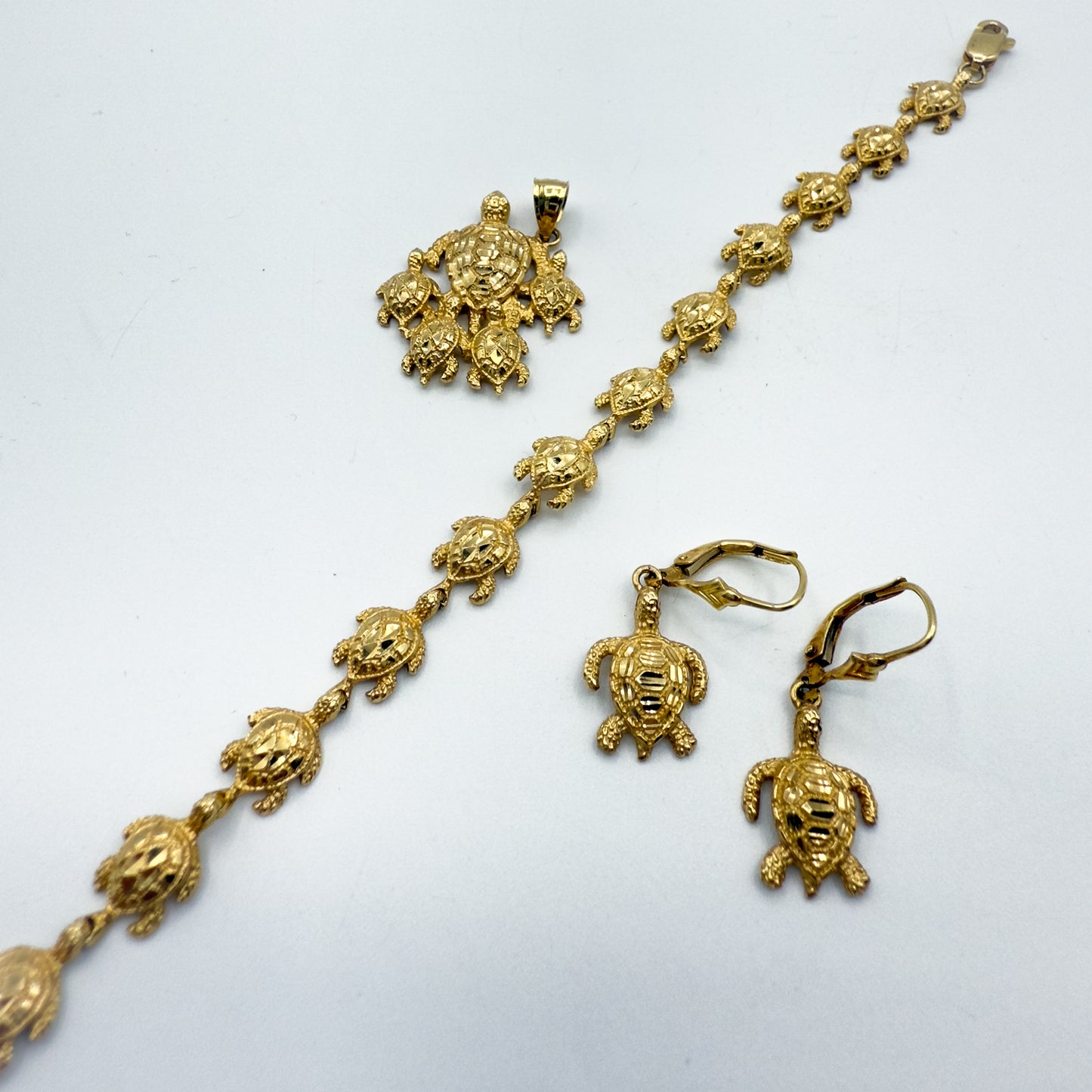 14K Gold Turtle Bracelet Pendant Dangle Earrings Set 6–6.5" Wrist 14.9g