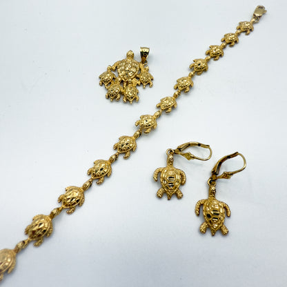 14K Gold Turtle Bracelet Pendant Dangle Earrings Set 6–6.5" Wrist 14.9g