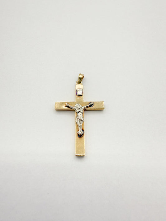 14K Two-Tone Gold 1.25" Crucifix Cross Pendant 1.3g