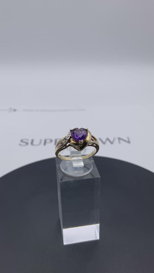 10K Yellow Gold Heart-Shaped Amethyst & Diamond Ring – Size 6.5 – 2.4g