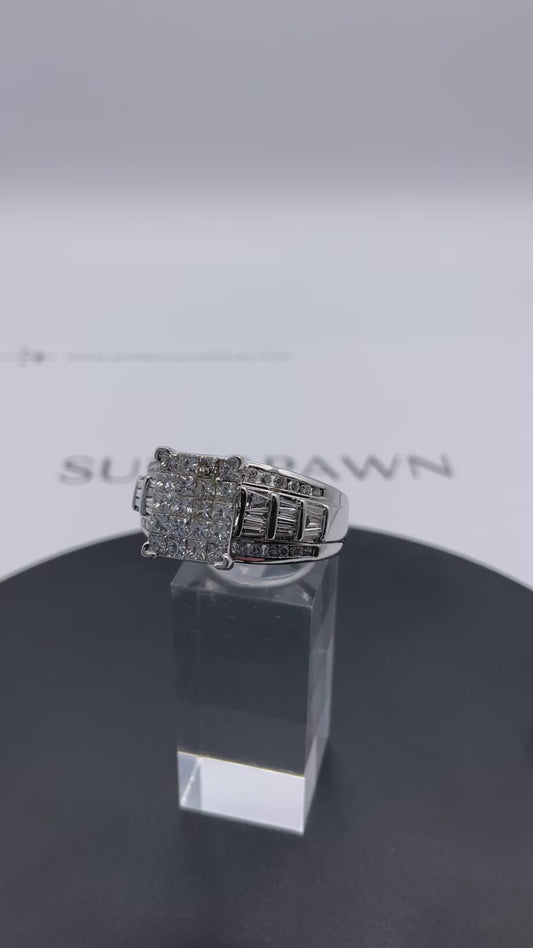 10K White Gold Diamond Cluster Ring with Princess, Baguette & Round Diamonds – Size 11