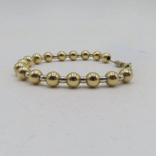 14K Two Tone Yellow White Gold Ball Beaded Bracelet 7" 7mm 10.9g