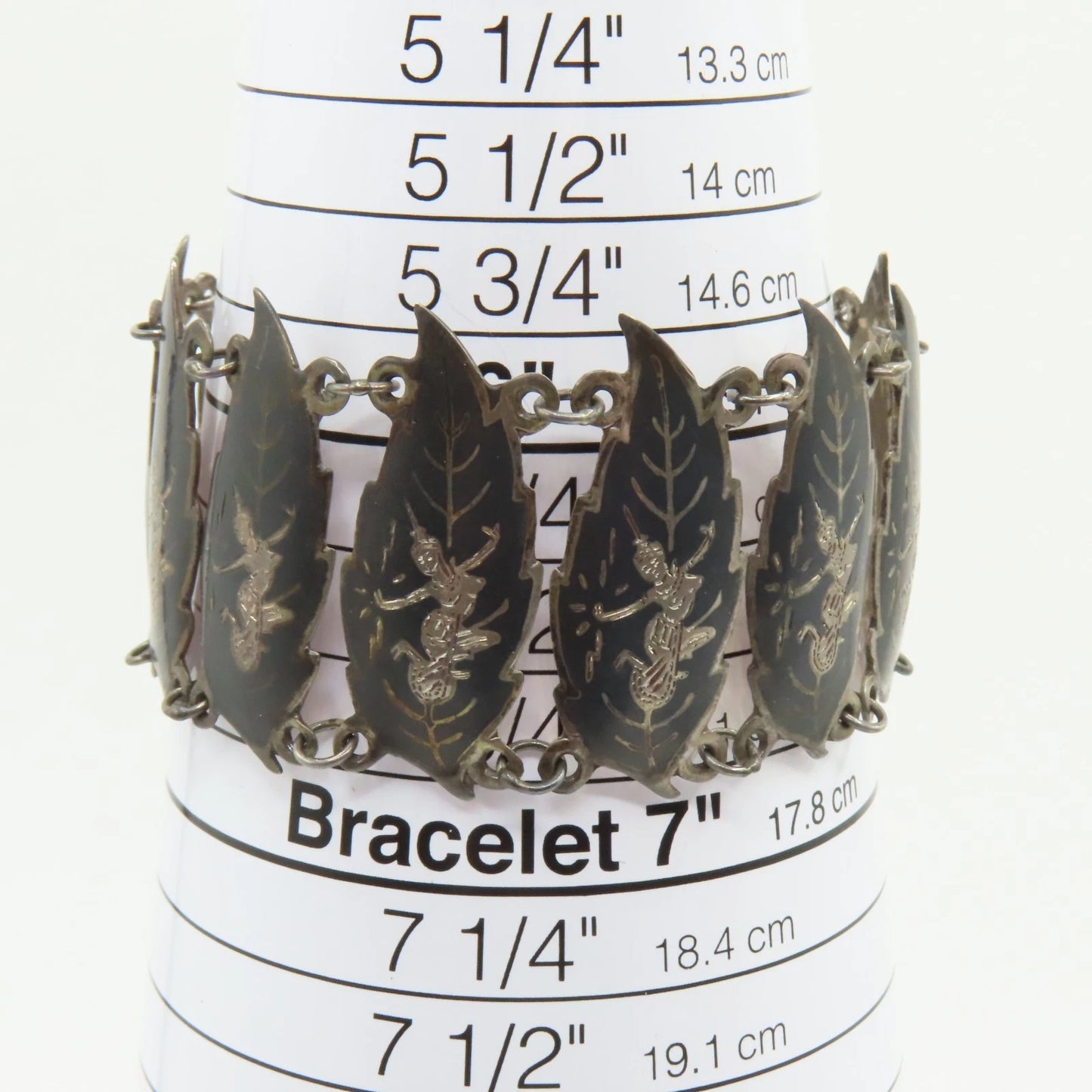 Vintage Siam Sterling Silver 925 Niello Dancer Leaf Panel Bracelet 6-1/2" 32.3g