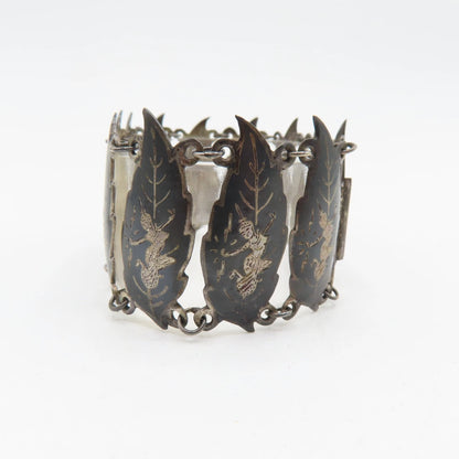 Vintage Siam Sterling Silver 925 Niello Dancer Leaf Panel Bracelet 6-1/2" 32.3g