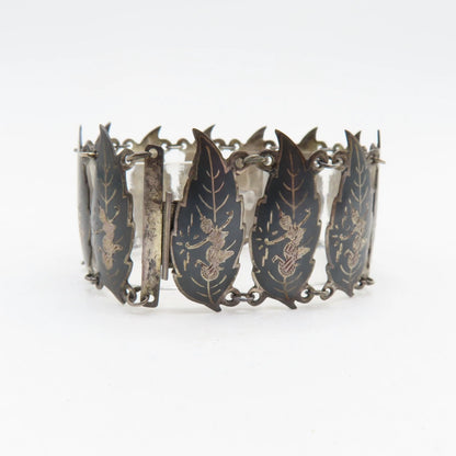 Vintage Siam Sterling Silver 925 Niello Dancer Leaf Panel Bracelet 6-1/2" 32.3g