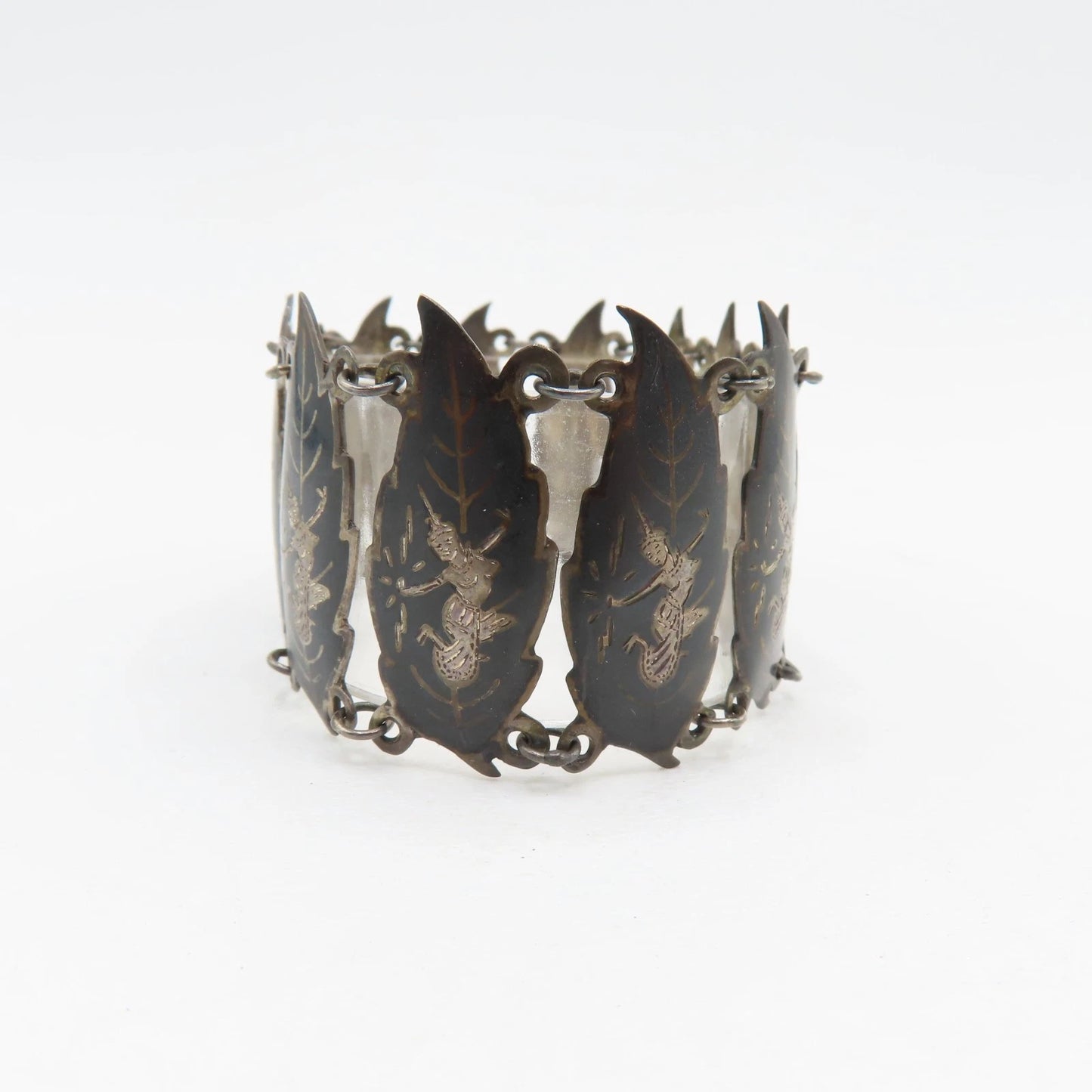 Vintage Siam Sterling Silver 925 Niello Dancer Leaf Panel Bracelet 6-1/2" 32.3g