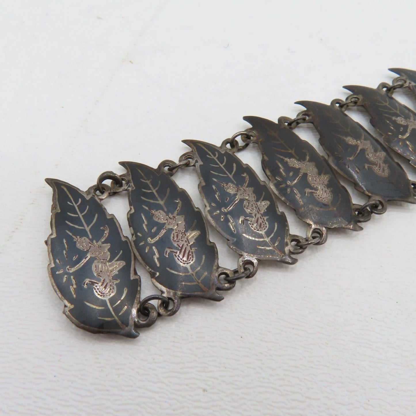 Vintage Siam Sterling Silver 925 Niello Dancer Leaf Panel Bracelet 6-1/2" 32.3g