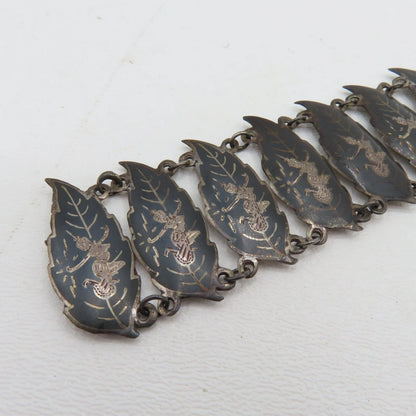 Vintage Siam Sterling Silver 925 Niello Dancer Leaf Panel Bracelet 6-1/2" 32.3g