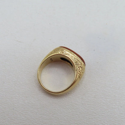 14K Yellow Gold Red Jade Stone Ring Size 8 Patterned Filigree 7.7g MINGS