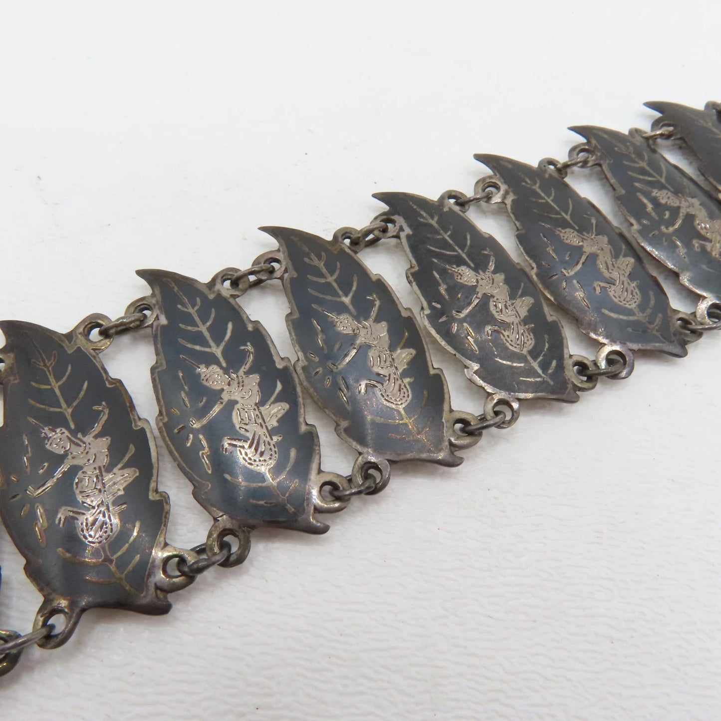 Vintage Siam Sterling Silver 925 Niello Dancer Leaf Panel Bracelet 6-1/2" 32.3g