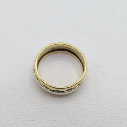 14K Two Tone White Yellow Gold Band 6.5mm Ring Size 5.25 Patterned Carved 4.2g