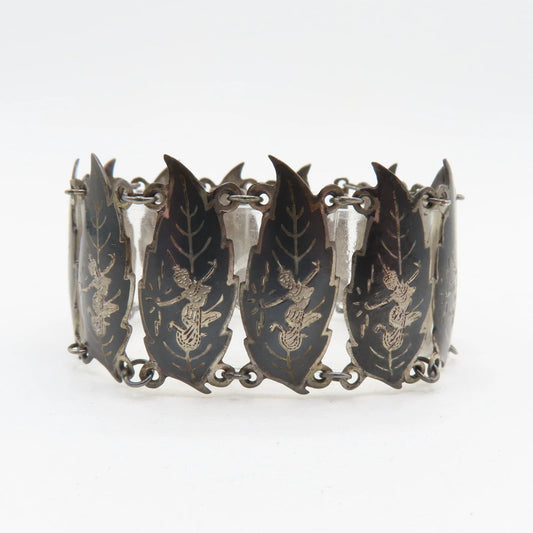 Vintage Siam Sterling Silver 925 Niello Dancer Leaf Panel Bracelet 6-1/2" 32.3g